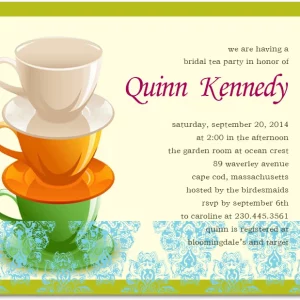 Charming landscape flat bridal shower invitation HPB139 showcasing an elegant cafe coffee cup and vintage floral pattern tablecloth layout next to custom text