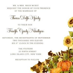rustic sunflower fall wedding invitation with pumpkins and autumn leaves floral design