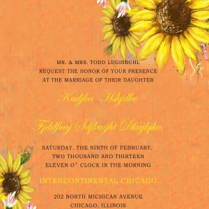 sunflower wedding invitation with orange background and rustic floral summer design