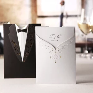 Gown and tux silhouette pocket wedding invitation folder HPI259 showing a custom-printed script inner card