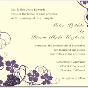 Elegant vineyard wedding invitation with purple grape vines, floral scrollwork, and soft neutral background
