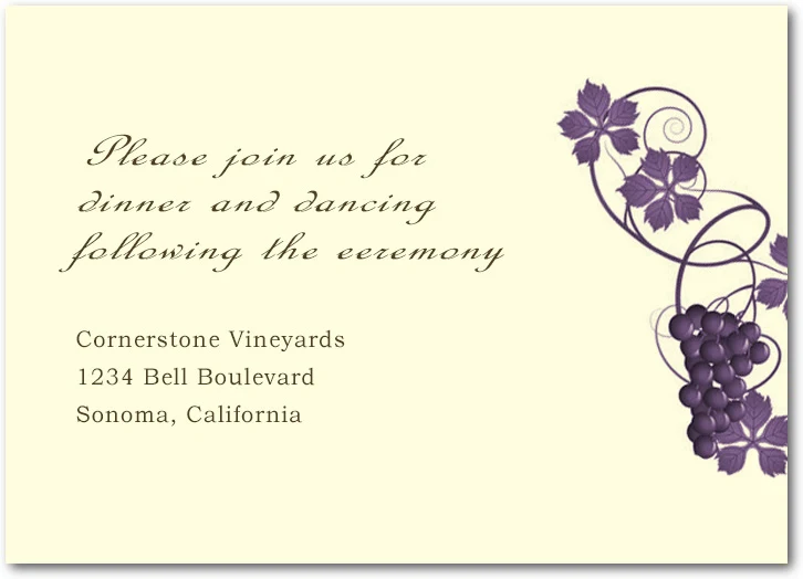 vineyard wedding reception card purple grapevine elegant wine themed dinner dancing insert winery wedding stationery