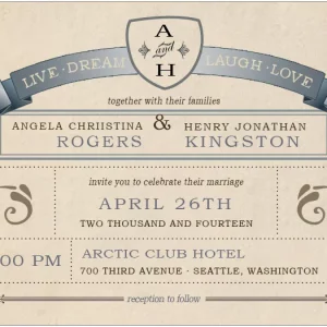Vintage wedding invitation with ribbon banner, monogram crest, kraft paper texture, and classic badge-style layout