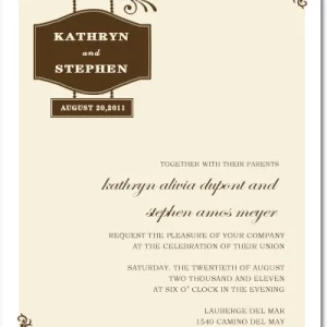 Classic wedding invitation featuring brown ornamental flourishes, vintage frame design, and elegant script typography on a cream background