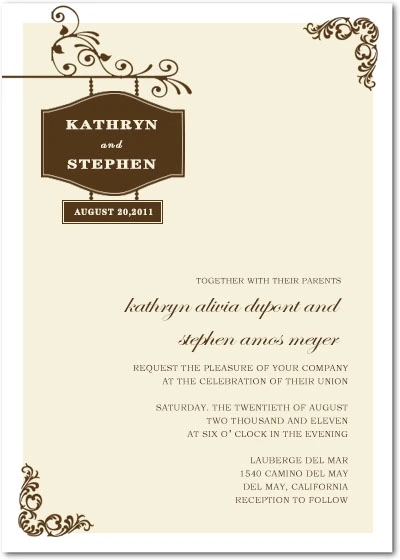 Classic wedding invitation featuring brown ornamental flourishes, vintage frame design, and elegant script typography on a cream background