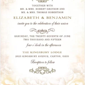 vintage cream floral wedding invitation with elegant gold ornate border and classic typography