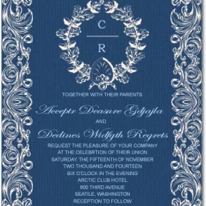 Elegant navy blue wedding invitation with ornate baroque frame, floral crest monogram, and vintage typography