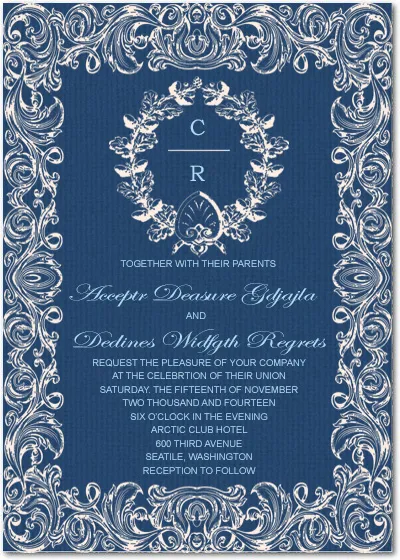 Elegant navy blue wedding invitation with ornate baroque frame, floral crest monogram, and vintage typography