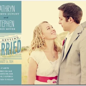 Vintage style wedding invitation featuring romantic couple photo with teal typography layout and retro “Just Married” style design