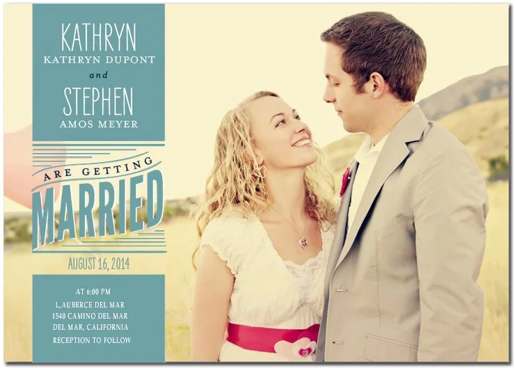 Vintage style wedding invitation featuring romantic couple photo with teal typography layout and retro “Just Married” style design