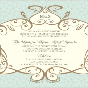 Vintage wedding invitation with ornate scroll frame, mint patterned background, brown decorative flourishes, and elegant typography