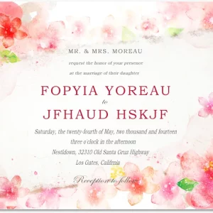 Elegant wedding invitation with soft watercolor flowers in pink and red tones, featuring a romantic floral border and delicate typography
