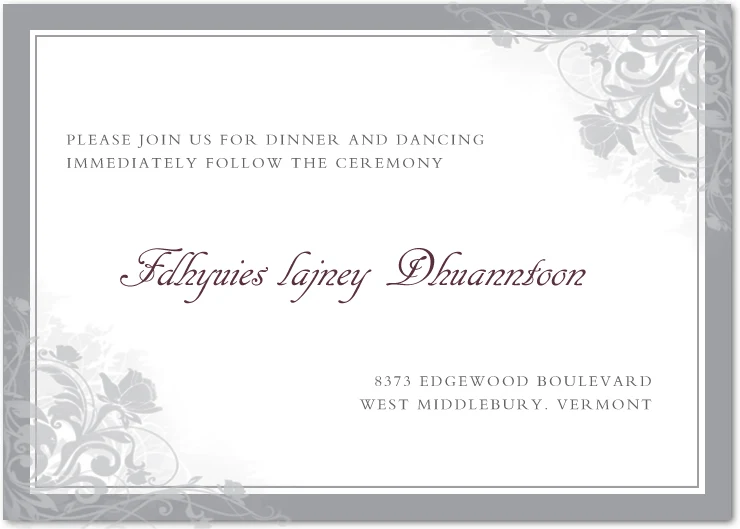 wedding reception card elegant silver floral scroll design formal dinner dancing insert wedding stationery