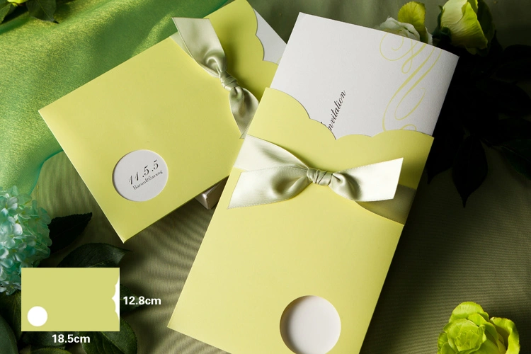 lemon yellow pocket wedding invitation with satin ribbon bow and scalloped flap design with size details