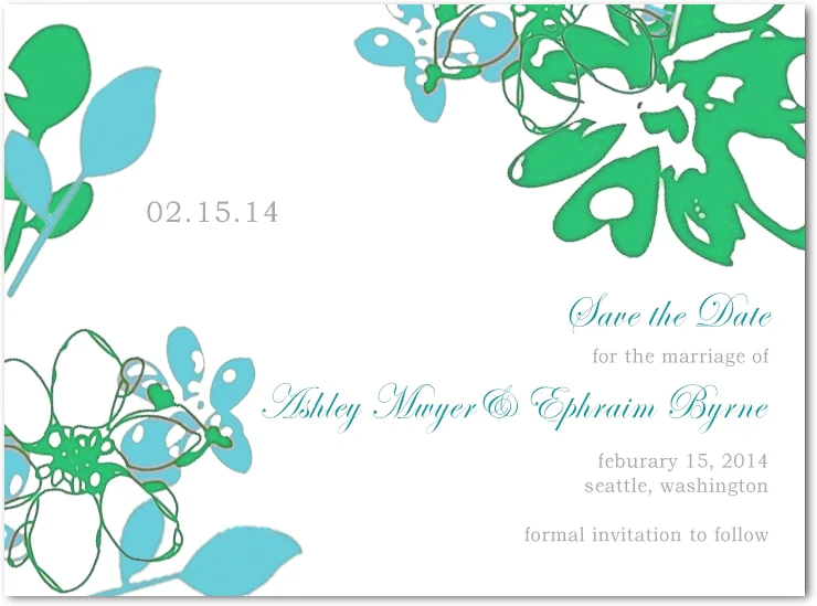 abstract floral save the date card teal green botanical wedding announcement modern artistic design elegant script