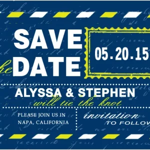 airmail postcard save the date card travel themed wedding announcement blue background destination wedding design vintage mail style
