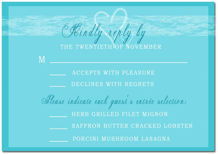 aqua beach RSVP card ocean theme elegant script wedding response card turquoise background destination wedding design