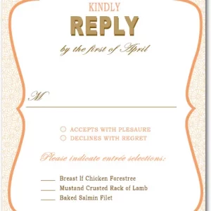 Art Deco gold wedding RSVP card with geometric pattern background, elegant frame, and entrée selection options