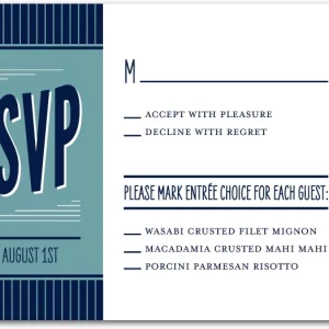 art deco RSVP card navy stripe design bold typography modern wedding response card elegant blue layout