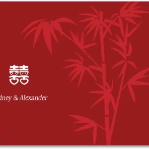 red bamboo wedding thank you card with double happiness symbol and elegant asian inspired design