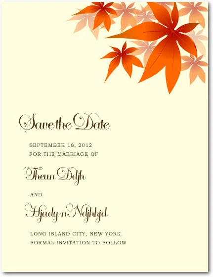 autumn leaves save the date card orange fall foliage minimalist elegant wedding announcement clean layout