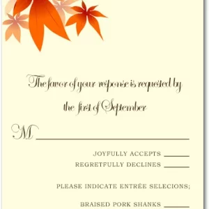 Autumn wedding RSVP card with orange maple leaves, rustic fall foliage design, and meal selection options