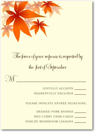 Autumn wedding RSVP card with orange maple leaves, rustic fall foliage design, and meal selection options