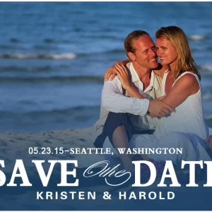 beach photo save the date card elegant script destination wedding announcement couple ocean sunset romantic coastal design