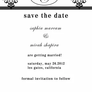 black white damask save the date card elegant monogram wedding announcement classic typography formal design