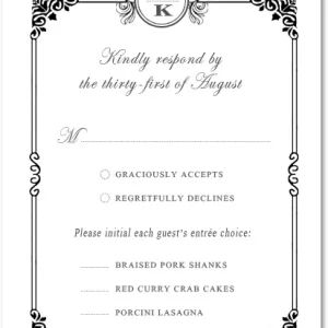 black and white RSVP card monogram crest ornate frame elegant vintage wedding response card formal design