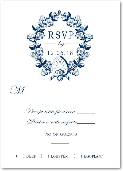 elegant blue floral wreath wedding rsvp card vintage crest response card classic formal wedding stationery navy botanical design