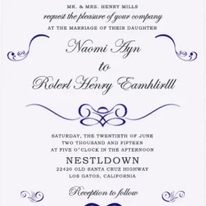 elegant blue wedding invitation with vintage scroll flourishes and classic typography