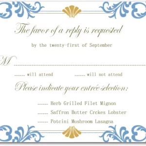 blue ornate scroll RSVP card elegant classic wedding response card gold accents formal vintage design