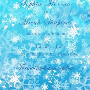 blue snowflake save the date card winter wedding announcement frosty background layered snowflakes elegant script typography