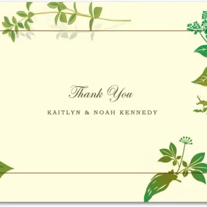 nature inspired wedding thank you card with green botanical illustrations and minimal design