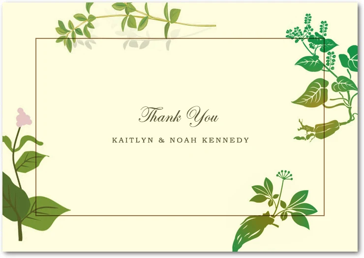 nature inspired wedding thank you card with green botanical illustrations and minimal design