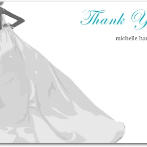 elegant wedding thank you card with dramatic bridal gown silhouette and flowing train design