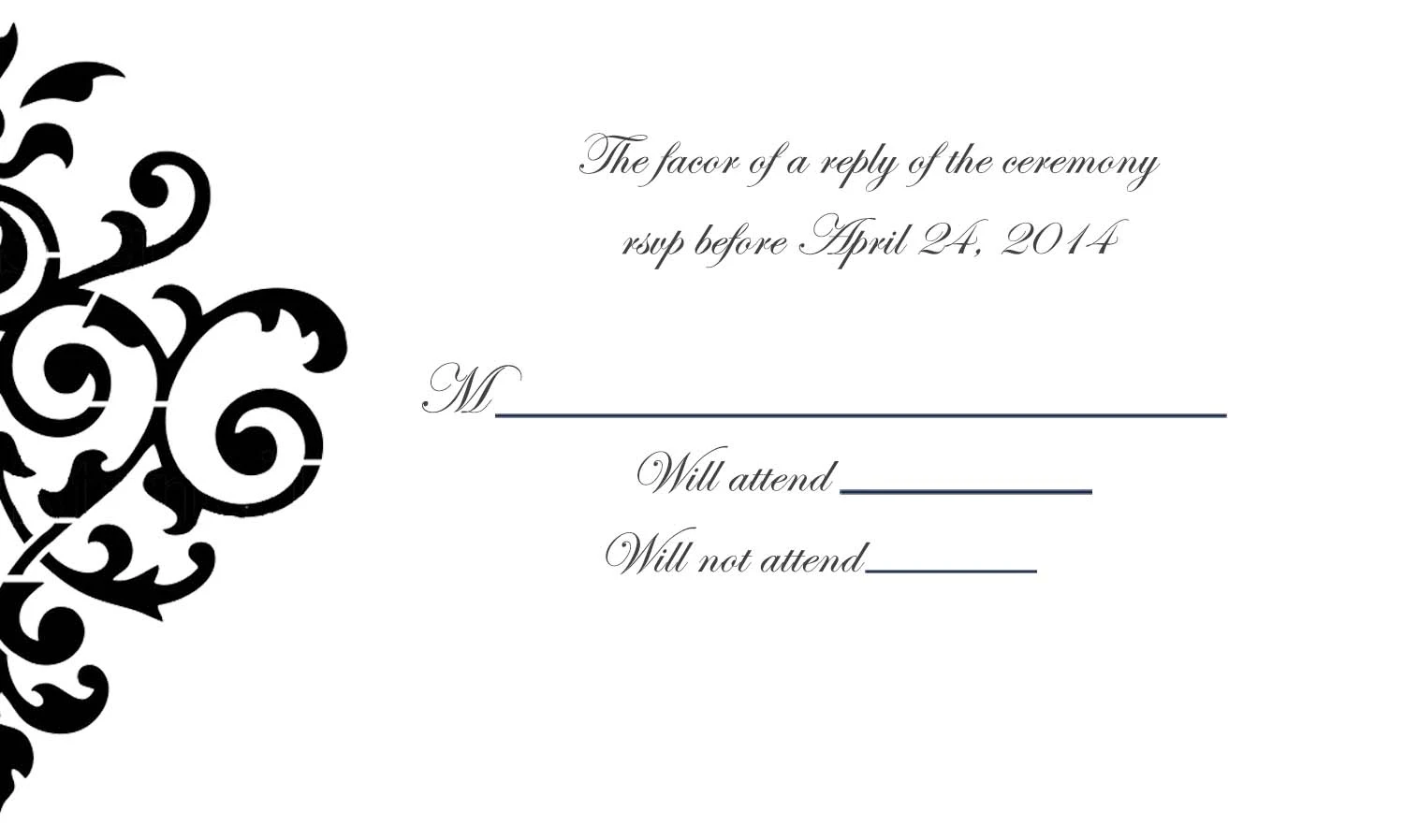 classic black white RSVP card elegant scroll design formal wedding response card vintage flourish minimal wedding stationery