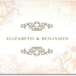 elegant wedding thank you card with soft floral background and ornate gold decorative accents