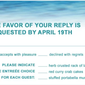 Coastal blue wedding RSVP card with ocean gradient header, modern typography, and entrée selection options