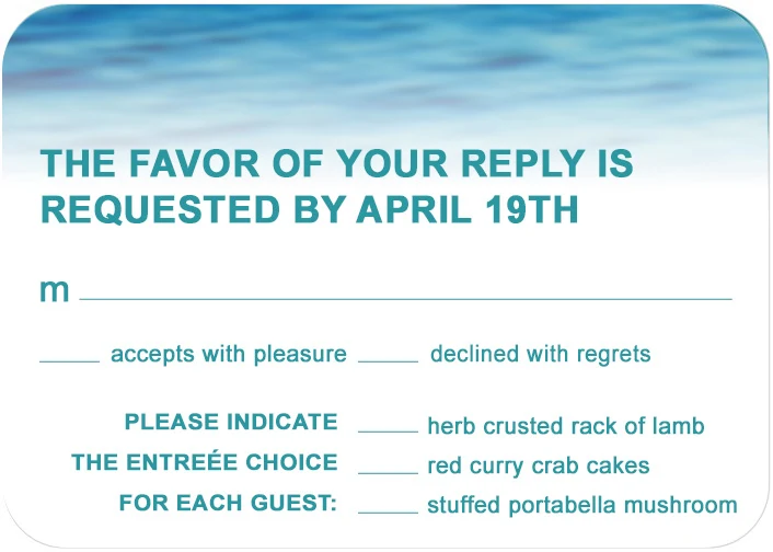 Coastal blue wedding RSVP card with ocean gradient header, modern typography, and entrée selection options