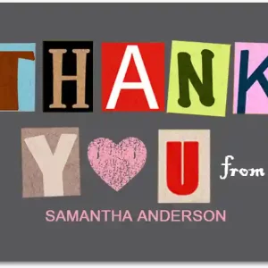 collage thank you card colorful cutout letters typography heart playful modern thank you card design