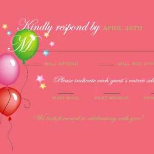 colorful balloon RSVP card festive wedding response bright pink background party theme RSVP with menu selection
