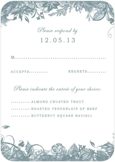 Dusty blue botanical wedding RSVP card with vintage floral frame, elegant script typography, and entrée selection options