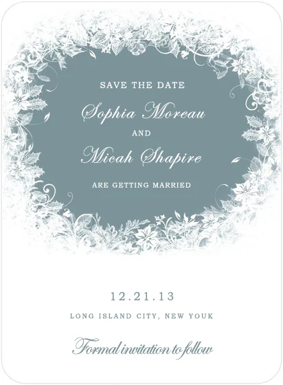 dusty blue save the date card white floral wreath elegant winter wedding announcement soft romantic design
