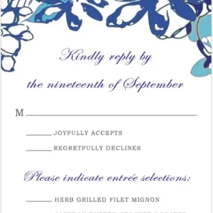 Elegant blue floral wedding RSVP card with watercolor botanical border, script typography, and entrée selection options