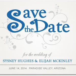 elegant blue script save the date card swirl design classic wedding announcement decorative flourishes modern classic style
