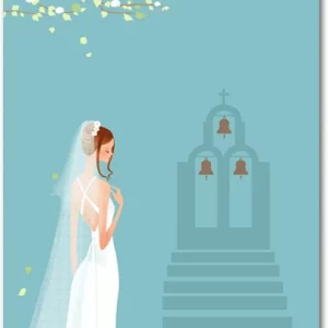 elegant bride thank you card church wedding illustration soft blue background bridal veil romantic thank you card