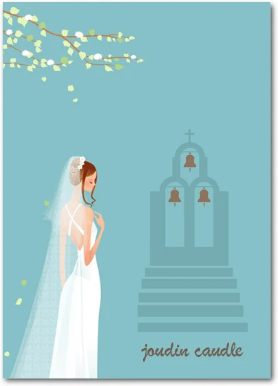 elegant bride thank you card church wedding illustration soft blue background bridal veil romantic thank you card