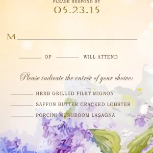 elegant floral RSVP card pastel wedding response card soft watercolor flowers lavender purple hydrangea gold typography romantic garden wedding stationery